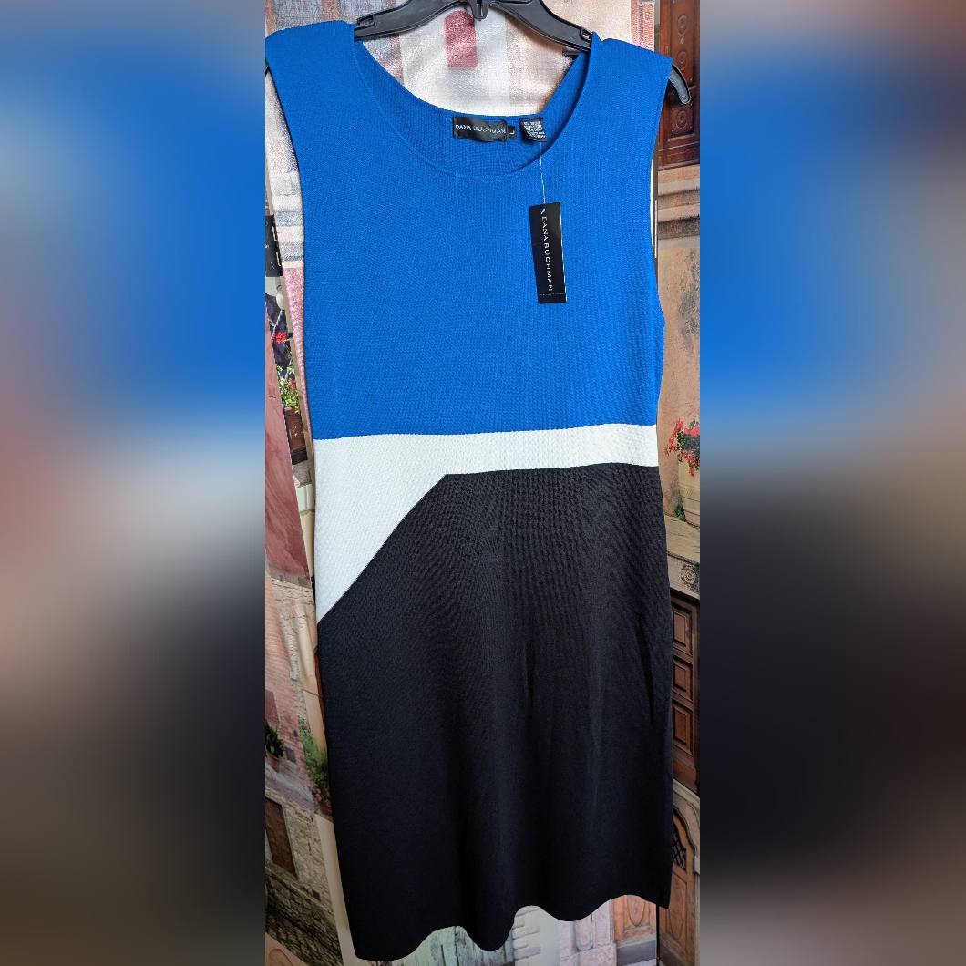 Dana Buchman Blue, White, And Black Midi Dress